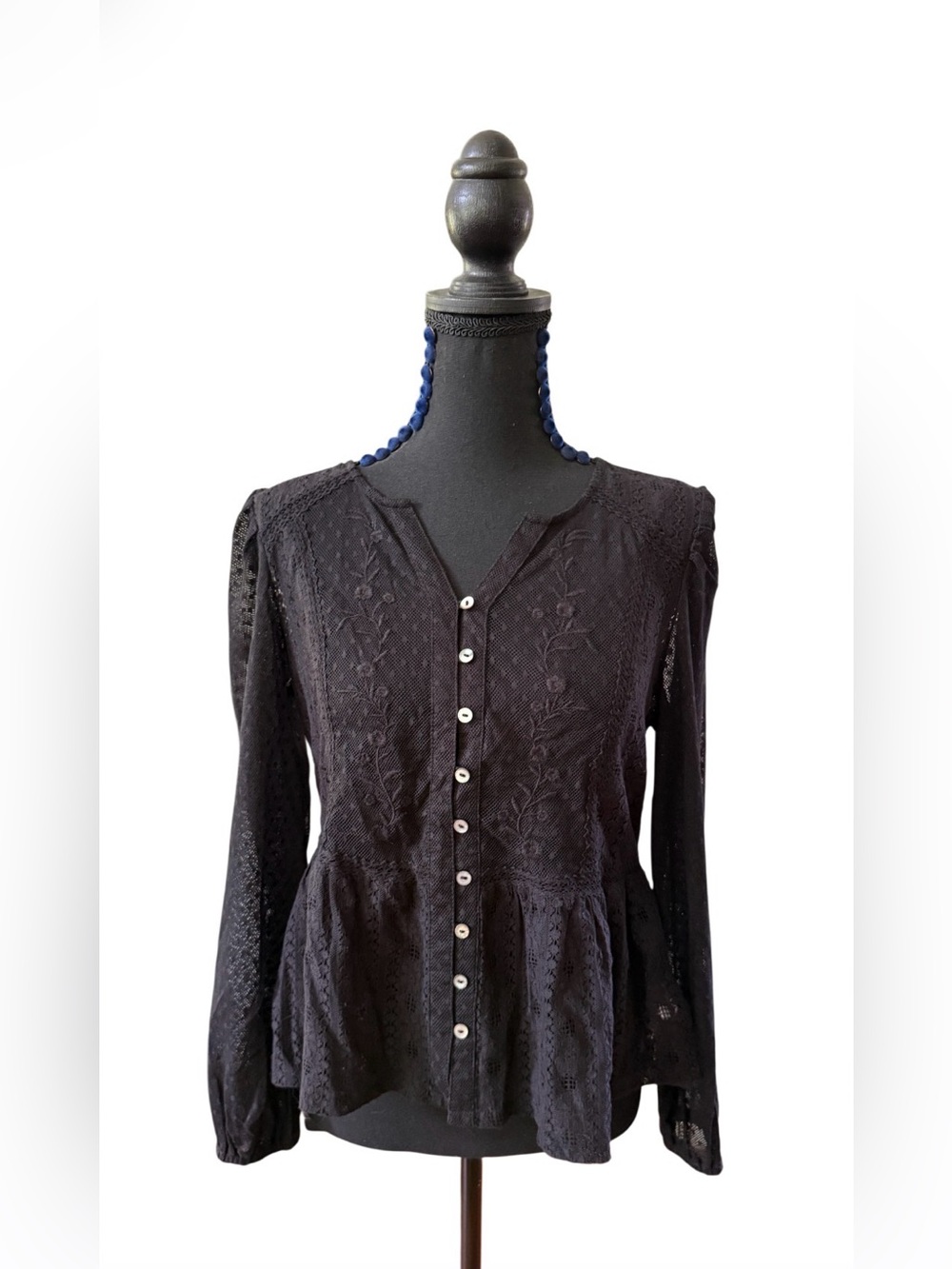 Lucky Brand Black Lace Button-Front Peplum Blouse